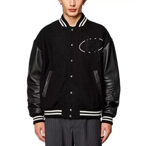 DIESEL L-Franz-Patch Varsity Bomber Jacket Black Men 48 Wool Leather $1250